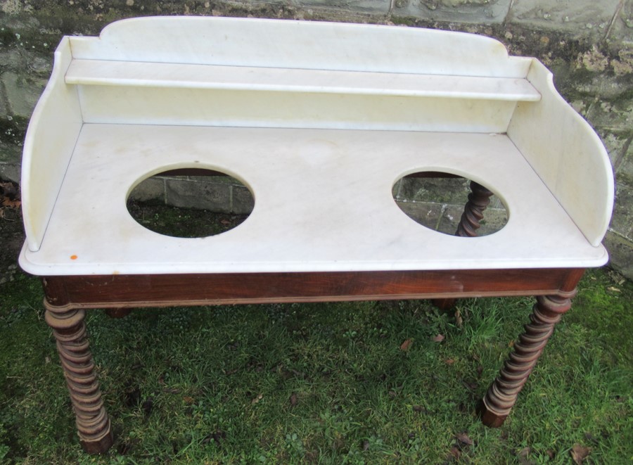 A Victorian walnut marble topped wash stand, with marble shelf to the gallery back and sides, with - Image 2 of 3