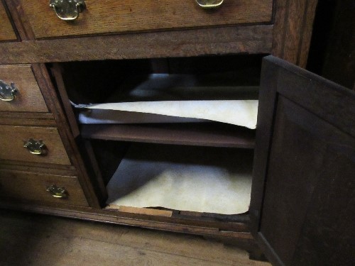 A Georgian cupboard dresser, with an associated close boarded Delft rack over three frieze - Image 6 of 7