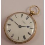 T Ganter, London, an 18 carat gold open faced fob watch, the white enamel dial with black Roman