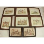 Six Antique colour prints, five hunting scenes and one racing, together with two other hunting