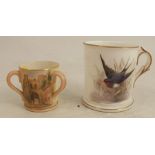 A Royal Worcester miniature mug, decorated with a Swallow by W Powell, height 2.5ins, together