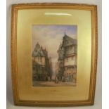 L J Wood, watercolour, Continental town scene, with label to reverse, 17.5ins x 12.5ins