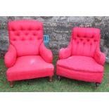 Two similar 19th century armchairs, with deep button backs and short turned legs, its is believed