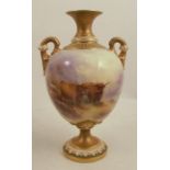 A Royal Worcester twin handles pedestal vase, decorated with Highland cattle in landscape by H