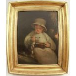 A 19th century oil on canvas, child eating from a bowl with a cat, 14ins x 10.5ins Attributed to