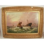 Millson Hunt, oil on canvas, On the Coast of Devon, sailing vessels around a ship in distress