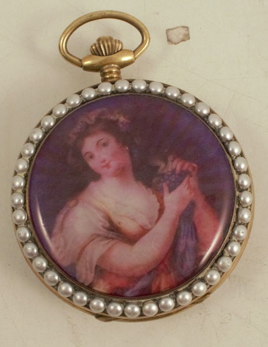 A lady's hunter pocket watch, the dial marked Omega, with enamel decoration to the front and back of