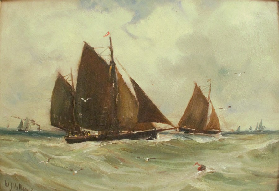 William Vallance, oil on artist board, seascape with boats in full sail. 9ins x 13ins - Image 2 of 3