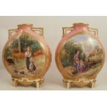 A pair of Royal Worcester moon flask vases, painted with circular panels of rural scene of two