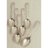 A set of five Scottish provincial silver fiddle pattern tea spoons, engraved with an initial,