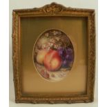 A Royal Worcester plaque, painted with still life of fruit and flowers on a mossy bank by R