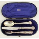 A cased silver three piece christening set, comprising spoon, knife and fork, Sheffield 1843