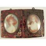 A pair of oval portrait miniatures, Turner style ladies on ivory, the tortoiseshell frames with