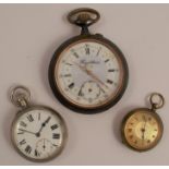 A gunmetal Goliath pocket watch, together with a metal open faced pocket watch, and a gilt metal fob