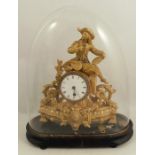 A 19th century French gilt metal mantel clock, under glass dome, the drum movement with white enamel