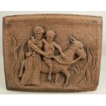 A carved oak rectangular panel, carved with a figure and another on a donkey, 16ins x 20ins