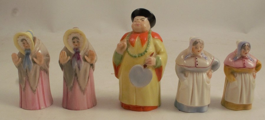 Five Royal Worcester candle snuffers, two Granny Snow, two French Cook and Mandarin, all with puce