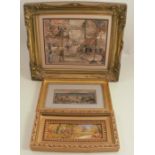 F Burke, oil on board, Continental town scene, 3ins x 10ins, together with two other works by the