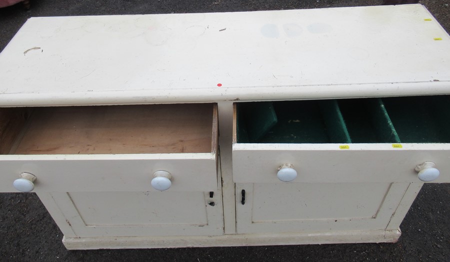 A 19th century painted pine cupboard dresser, having two drawers, with two cupboard doors below, - Image 2 of 4