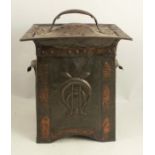 An Arts and Crafts copper log box, with cover, having embossed decoration, height 22ins, width