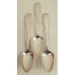 A set of three Scottish provincial silver fiddle pattern serving spoons, maker Robert Keay of Perth,