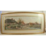 A Sinclair, watercolour, village scene with thatched cottages and figure in the lane, 10ins x 30ins