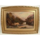 A 19th century oil on canvas, landscape with stream, goats and rocks, 11.5ins x 19.5ins