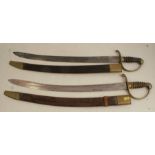 Two English swords, with curved blades, one with shagreen covered grip the other wooden, both with