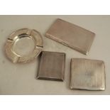 Three hallmarked silver cigarette cases, together with a hallmarked silver ashtray, weight 16oz
