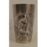 A Russian silver beaker, embossed with a knight and a Russian soldier, engraved with initials,