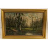 S Williams, oil on canvas, woodland scene with figure, 12.5ins x 20ins