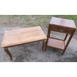 A mahogany coffee table, 31.5ins x 19.5ins, height 18.5ins, together with a side table fitted with a