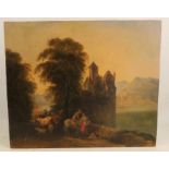 A 19th century oil on board, Continental view with figures sheep and castle, unframed 15ins x 17.