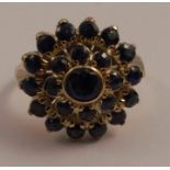 A 14 carat gold sapphire cluster ring, the 23 sapphires brilliant cut, the central sapphire in a rub