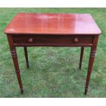 A 19th century mahogany sidetable, fitted with a frieze drawer, raised on ring turned legs, 27.