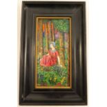 A rectangular enamel plaque, of a girl in the Pre-Raphaelite style, seated in a wood, 7ins x 3.5ins