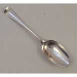 A mid 18th century silver serving spoon, engraved with initials, London 1750, weight 1oz, length 7.