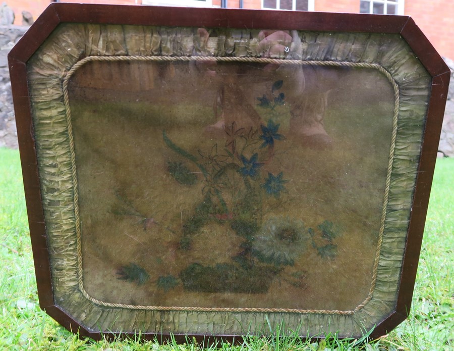 A pair of low rectangular tripod tables, decorated with an embroidered basket of fruit to the - Image 3 of 4