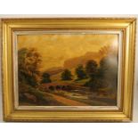 An English school oil on artist board, rural scene with stream and bridge, 16ins x 22ins