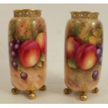 A Royal Worcester spill vase, decorated half round with hand painted fruit by Townsend, to a pierced