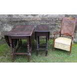 Two dark oak gateleg tables, with barley twist legs, together with a cane back open armchair