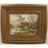 A rectangular porcelain plaque, decorated with birds in a river landscape, 6ins x 8ins, attributed