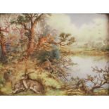 A rectangular porcelain plaque, decorated with hares in a landscape, 6.25ins x 8.5ins, attributed to