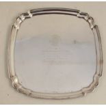 A silver tray, of square form with shaped corners, having a presentation inscription, Birmingham