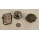 A hallmarked silver vesta case, together with a stone mounted oval box, and a circular Indian