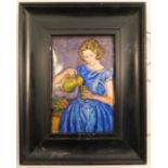 A rectangular enamel plaque, of a girl in a blue dress pouring water from a pitcher, inscribed to