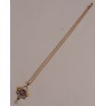 An amethyst and freshwater pearl Art Nouveau pendant, unmarked, on a chain, pendant 4.5cm long