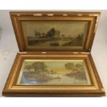 A pair of English school oil on board, rural scenes with rivers, 7.5ins x 17ins