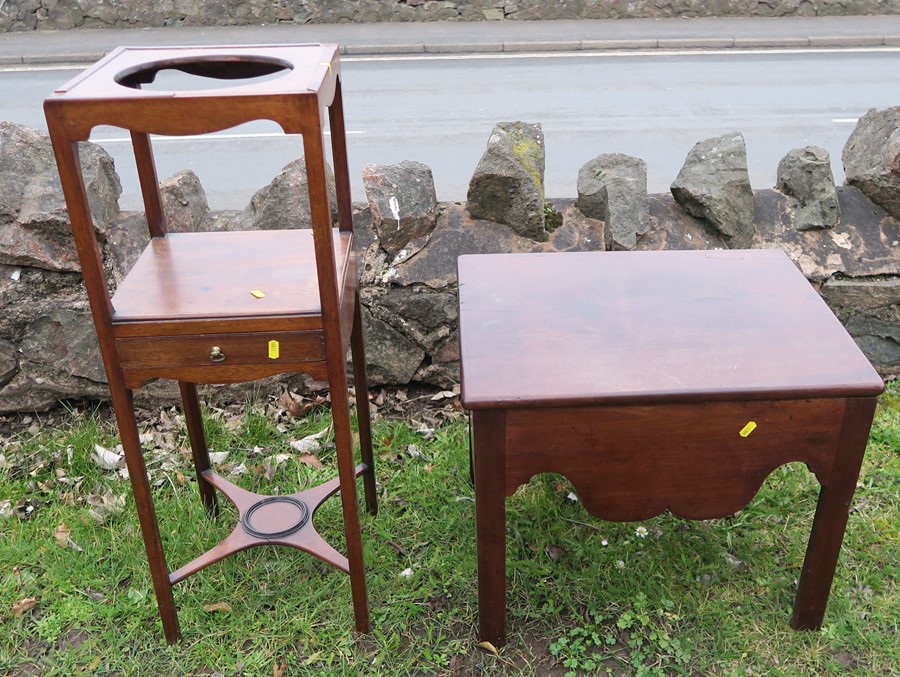 A 19th century mahogany wash stand, of square form, with well to the top, over a drawer with plant