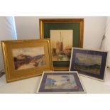Four watercolours, a pair of landscapes, 6ins x 9.25ins, W Sutherland 1904 river scene 8ins x 11.